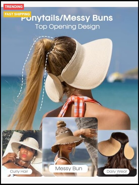 Wide Brim Straw Visor Hat UPF 50+ Sun Protection Packable 